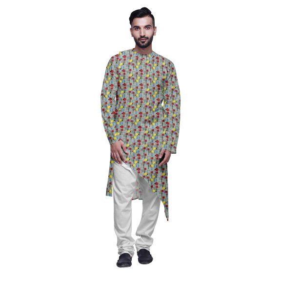 Atasi Indian Asymmetric Party Wear Kurta With White Churidar Pajama Set For Men