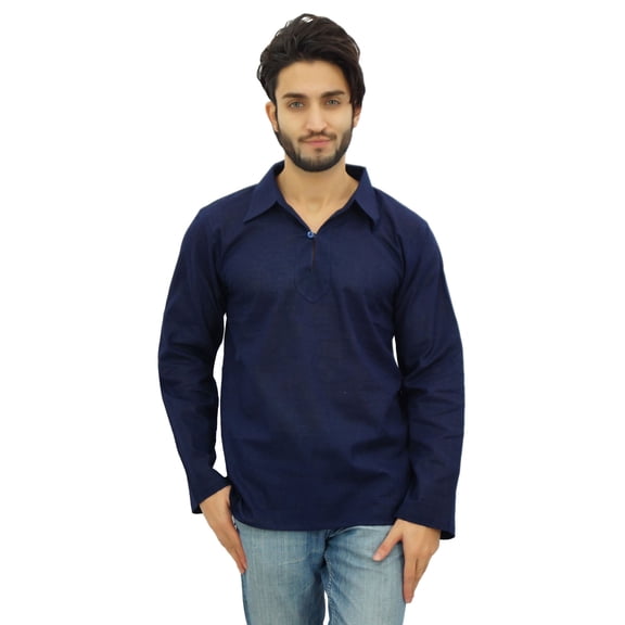 Atasi Indian Ethnic Men's Kurta Full Sleeve Blue Collar Neck Cotton Shirt-XL