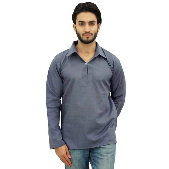 Atasi Indian Ethnic Men's Kurta Full Sleeve Collar Neck Cotton Gray Shirt-XXX-Large