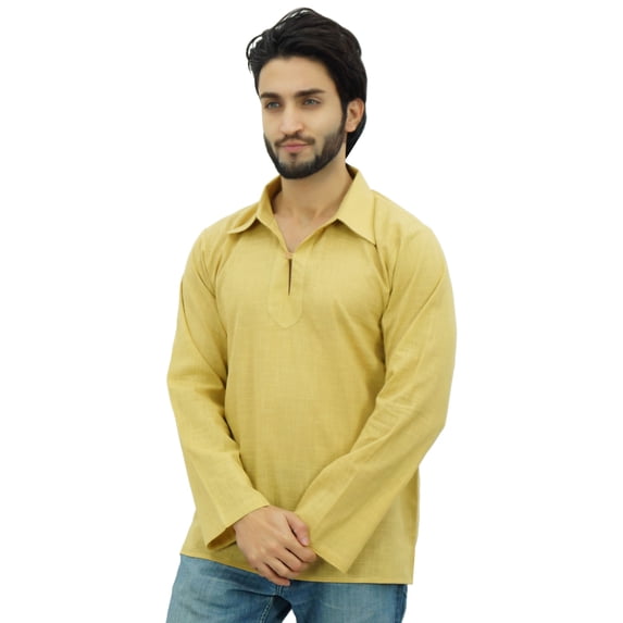 Atasi Indian Ethnic Men's Short Kurta Full Sleeve Collar Cotton Beige Shirt-Small