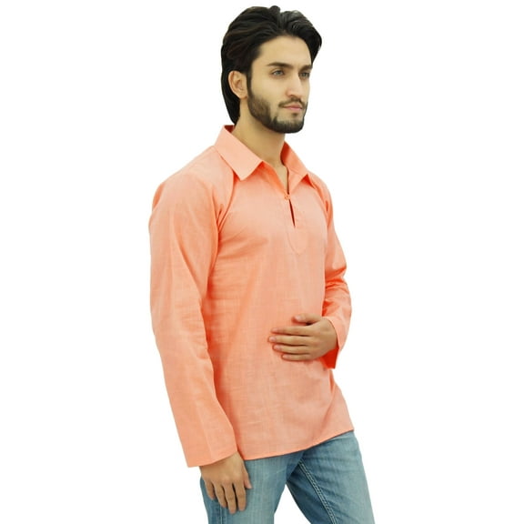 Atasi Indian Ethnic Men's Short Kurta Full Sleeve Collar Cotton Peach Shirt-Small