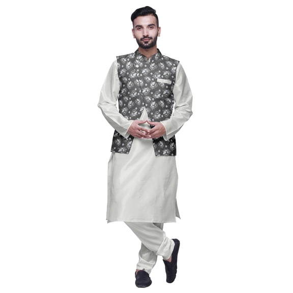 Atasi Indian Long Kurta Men Solid Kurta Pajama With Printed Nehru Jacket Set