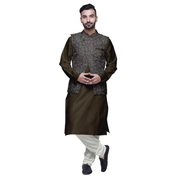 Atasi Indian Long Kurta Men Solid Kurta Pajama With Printed Nehru Jacket Set