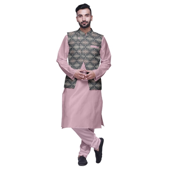 Atasi Indian Long Kurta Men Solid Kurta Pajama With Printed Nehru Jacket Set