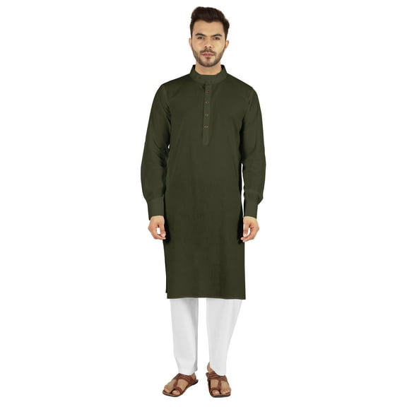 Atasi Indian Men's 2 Piece Kurta Pajama Set Henley Neck Cotton Casual Long Kurta