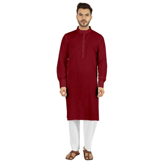 Atasi Indian Men's 2 Piece Kurta Pajama Set Henley Neck Cotton Casual Long Kurta
