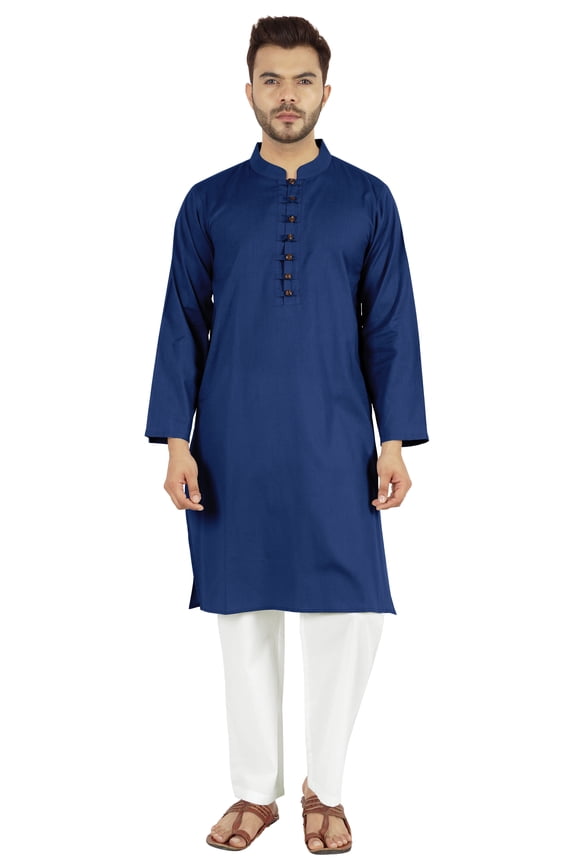 Indian Mens 2 Piece Kurta Pajama Set Henley Neck Casual Long Kurta