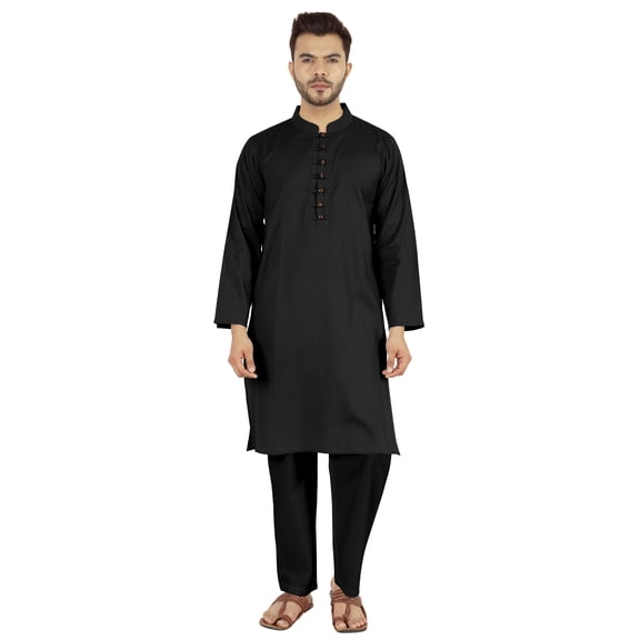 Atasi Indian Mens 2 Piece Kurta Pajama Set Henley Neck Casual Long Kurta