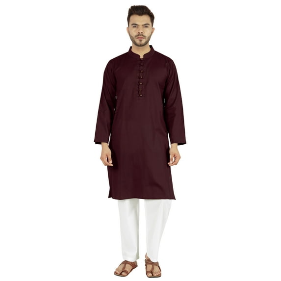 Atasi Indian Mens 2 Piece Kurta Pajama Set Henley Neck Casual Long Kurta