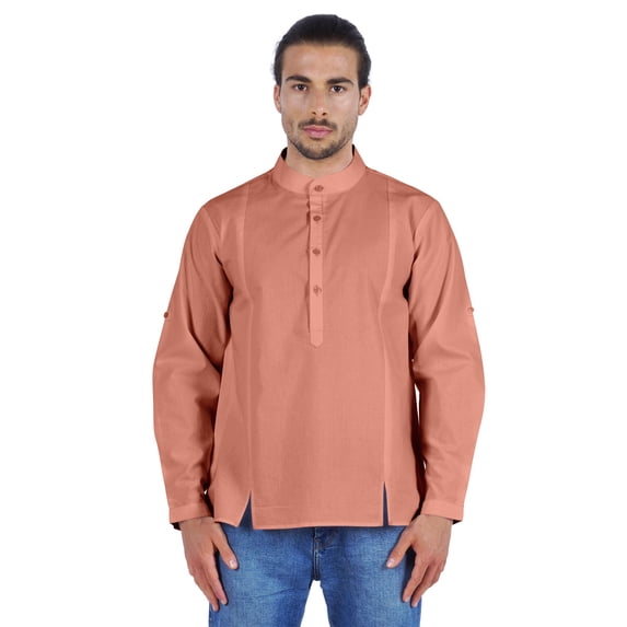 Atasi Indian Mens Henley Shirt Long Sleeve Casual Mandarin Collar Short Kurta