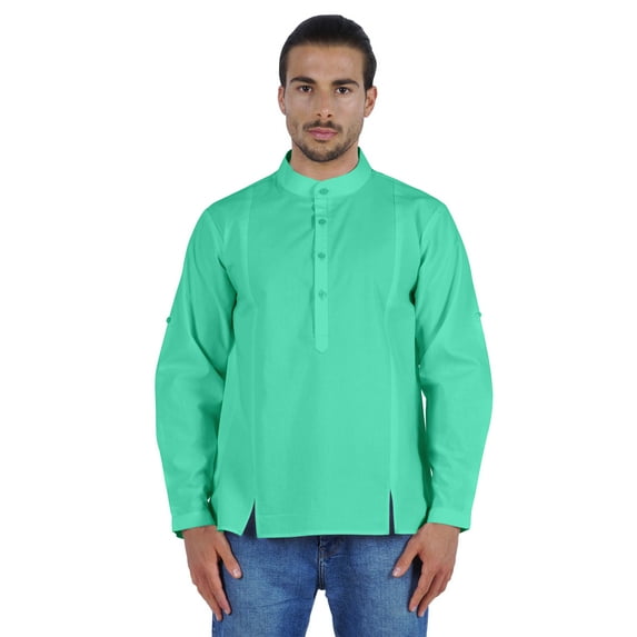 Atasi Indian Mens Henley Shirt Long Sleeve Casual Mandarin Collar Short Kurta