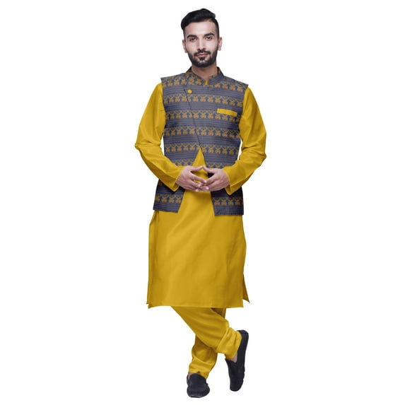 Atasi Indian Mens Kurta Churidar Pajama Jacket Set Solid Ethnic Wear For Men
