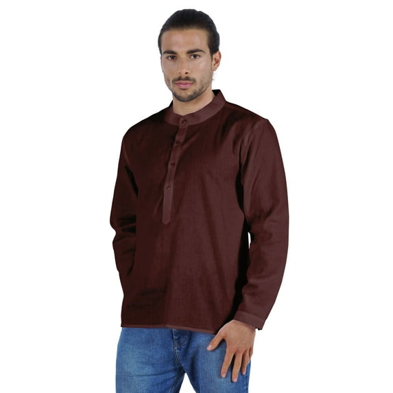Atasi Indian Mens Short Kurta Henley Shirt Long Sleeve Mandarin Collar Shirt