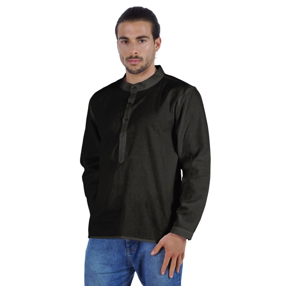 Atasi Indian Mens Short Kurta Henley Shirt Long Sleeve Mandarin Collar Shirt