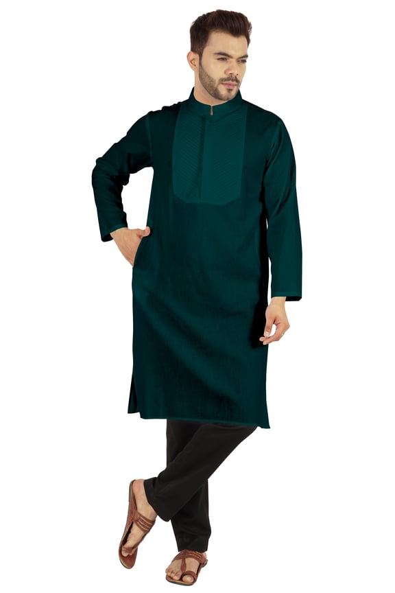 Indian Solid Kurta Pajama Set For Mens Mandarin Collar Casual Long-Wear Kurta
