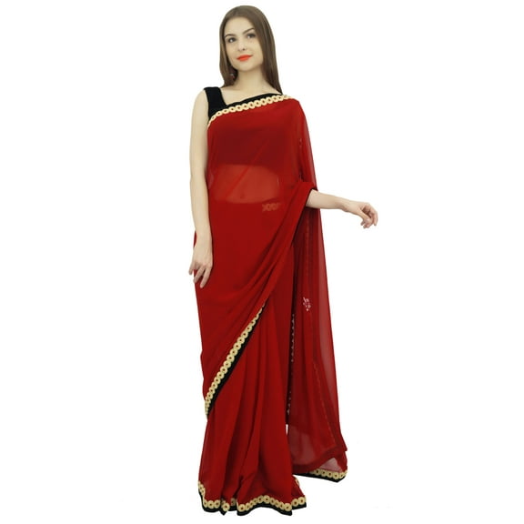 Atasi Indian Women's Sari Solid Maroon Georgette Saree With Blouse Piece