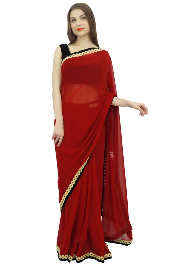 Indian Women's Sari Solid Maroon Georgette Saree With Blouse Piece