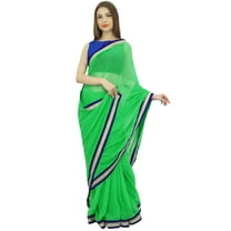 Atasi Indian Women's Solid Green Georgette Saree With Unstitched Blouse Piece