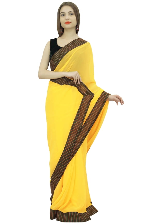 Indian Women's Traditional Yellow Georgette Casual Saree With Blouse Piece