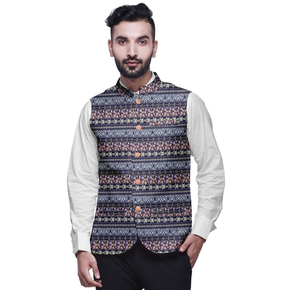 Atasi Light Peach Patchwork Casual Jacket for Men Printed Nehru Jacket Mens Wedding Indian Waistcoat Mandarin Blazer-Small
