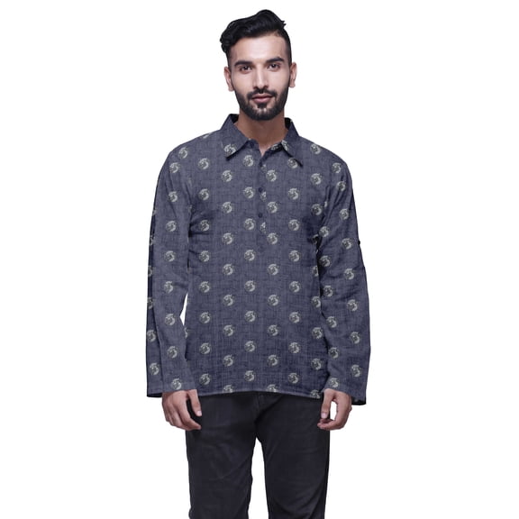 Atasi Long Sleeve Kurta For Men Printed Cotton Flex Spread Collar EthnicÂ Shirt