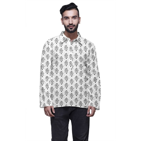 Atasi Long Sleeve Kurta For Men Printed Cotton Flex Spread Collar Ethnic Shirt