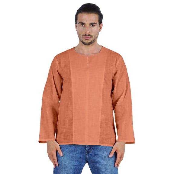 Atasi Long Sleeve Kurta For Men Solid Slub Cotton Round Neck Ethnic Shirt-6015