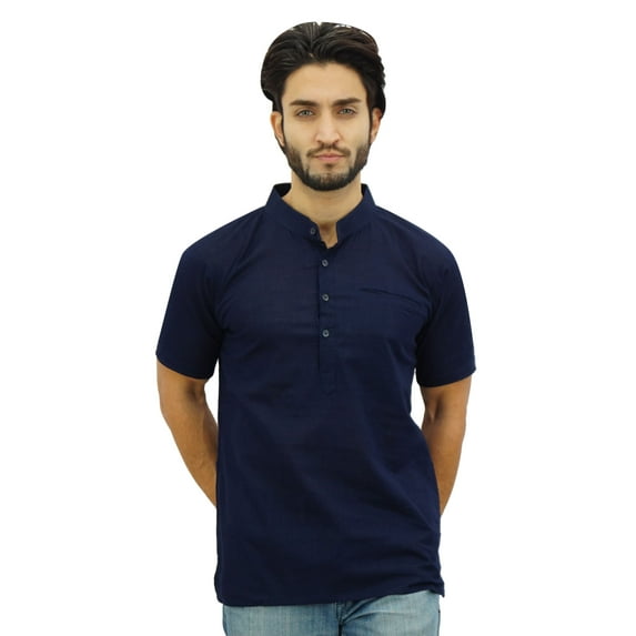 Atasi Mandarin Collar Men's Short Kurta Cotton Slub Navy Blue Shirt-Small