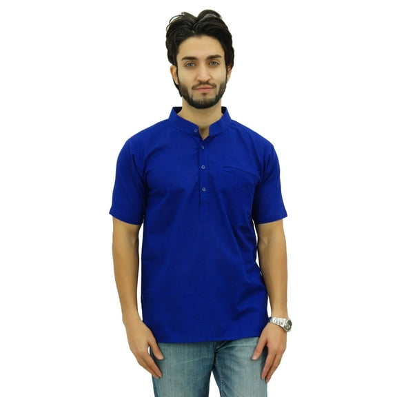 Atasi Mandarin Collar Men's Short Kurta Cotton Slub Summer Royal Blue Shirt-Small
