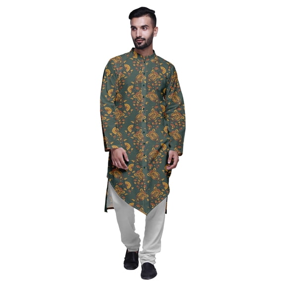 Atasi Mandarin Collar Printed Long Mens Kurta Pajama Set Boys Casual Wear