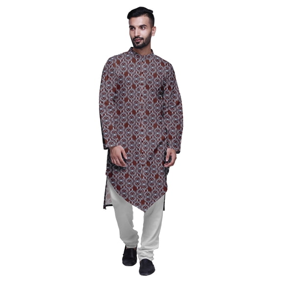 Atasi Mandarin Collar Printed Long Mens Kurta Pajama Set Boys Casual Wear
