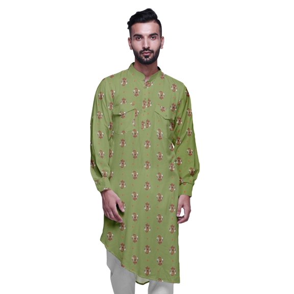 Atasi Mandarin Collar Printed Rayon Traditional Kurta For Men Casual Shirt