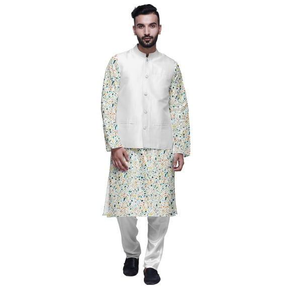 Atasi Mandarin Collar Traditional Kurta Pajama With Solid Jacket Set For Mens