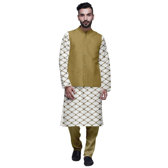Atasi Mandarin Collar Traditional Kurta Pajama With Solid Jacket Set For Mens