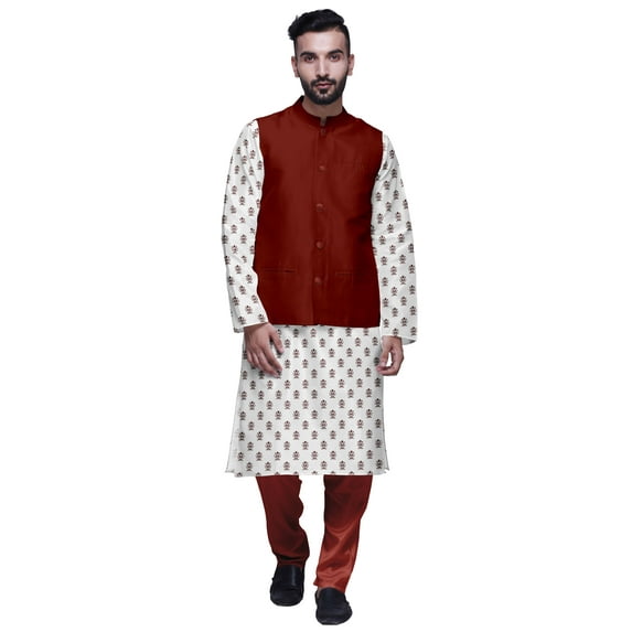 Atasi Mandarin Collar Traditional Kurta Pajama With Solid Jacket Set For Mens