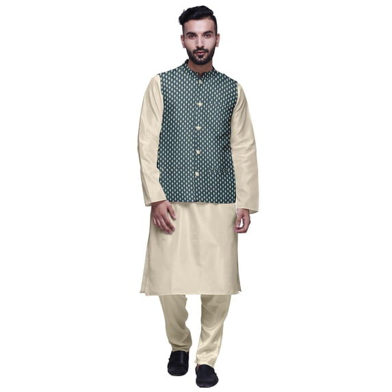 Atasi Mandarin Collar Traditional Solid Kurta Pajama With Printed Jacket Set