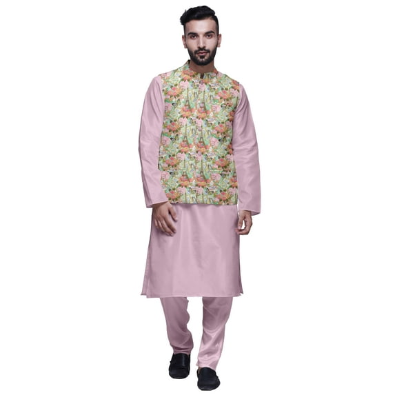 Atasi Mandarin Collar Traditional Solid Kurta Pajama With Printed Jacket Set