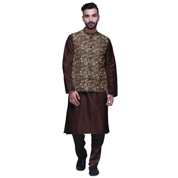 Atasi Mandarin Collar Traditional Solid Kurta Pajama With Printed Jacket Set