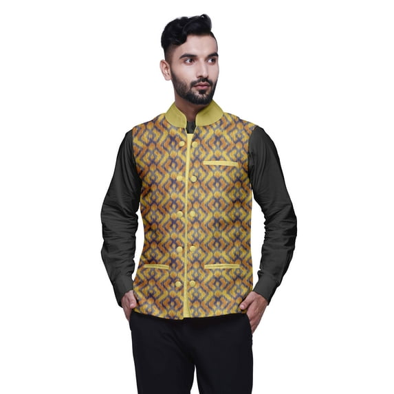 Atasi Marriage Ethnic Coat For Men Printed Nehru Jacket Mens Bandhgala Casual Vest Jacket-Large