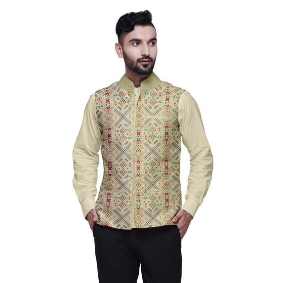 Atasi Marriage Ethnic Coat For Men Printed Nehru Jacket Mens Bandhgala Casual Vest Jacket-Medium