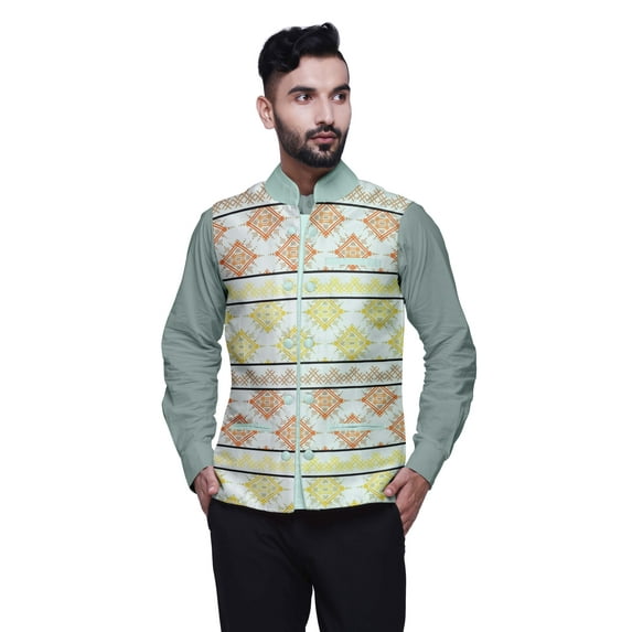 Atasi Marriage Ethnic Coat For Men Printed Nehru Jacket Mens Bandhgala Casual Vest Jacket-Small