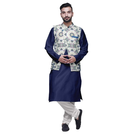 Atasi Men Mandarin Collar Solid Kurta Churidar Pajama & Printed Nehru Jacket Set