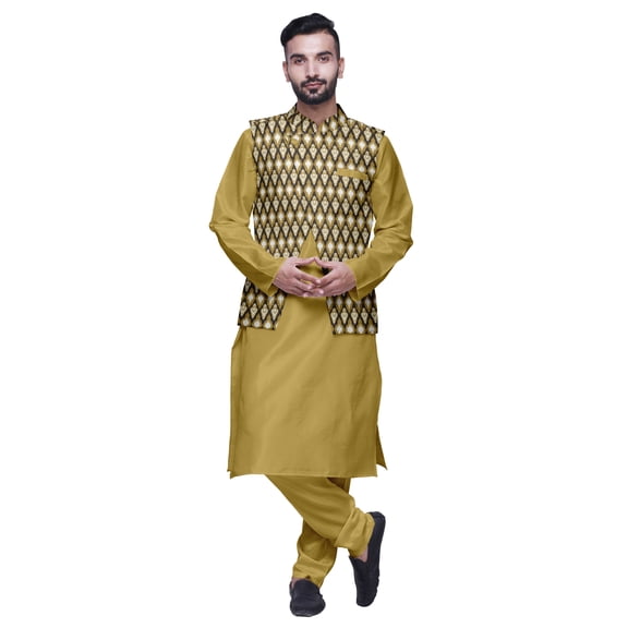 Atasi Men Mandarin Collar Solid Kurta Churidar Pajama & Printed Nehru Jacket Set