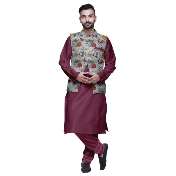 Atasi Men Mandarin Collar Solid Kurta Churidar Pajama & Printed Nehru Jacket Set