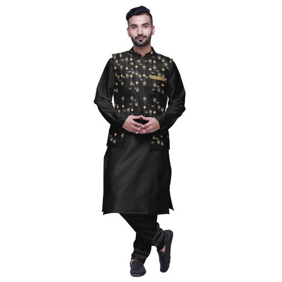 Atasi Men Mandarin Collar Solid Kurta Churidar Pajama & Printed Nehru Jacket Set