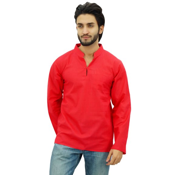 Atasi Men's Band Collar Peach Short Kurta Cotton Casual Tunic Shirt-Large