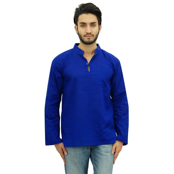 Atasi Men's Band Collar Short Kurta Blue Cotton Casual Tunic Shirt-X-Large