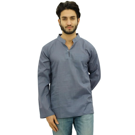 Atasi Men's Band Collar Short Kurta Gray Cotton Casual Tunic Shirt-Small
