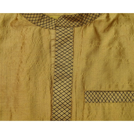 Atasi Men's Band Collor Gold Kurta Dupion Full Sleeve Ethnic Shirt-XXX-Large