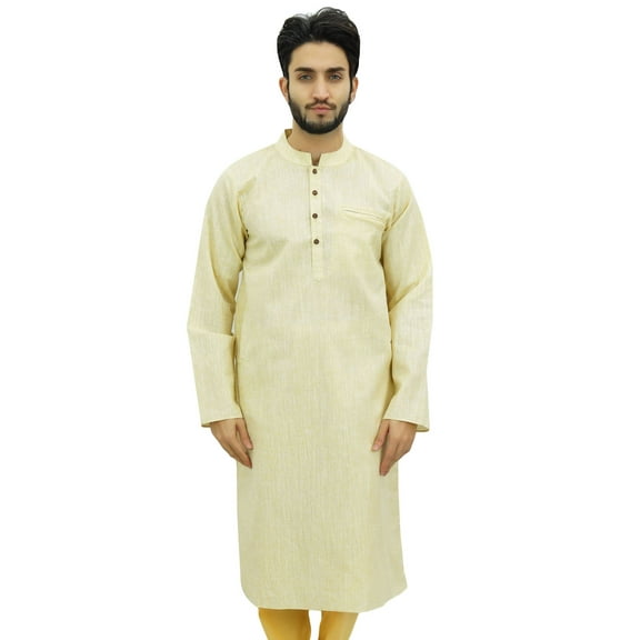 Atasi Men's Beige Khadi Cotton Long Kurta Shirt Indian Ethnic Wear-Medium